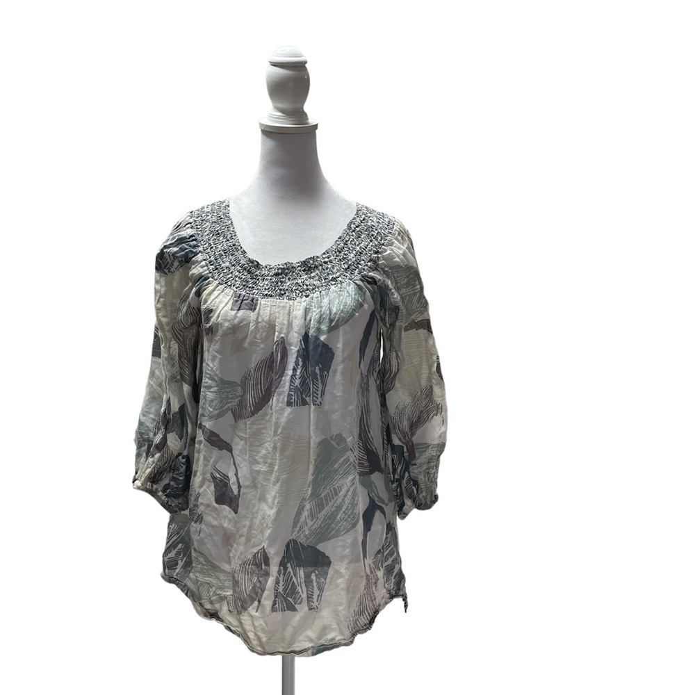 Please Tan Purple Blue Green Lightweight 3/4 Sleeve Drawstring Bottom Medium